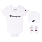 Champion Baby Logo Script Infant 3-Piece Box Includes a Body Suit, a hat and Pair of Booties in Multiple Colors, ClassicScript-White 100, 0-6